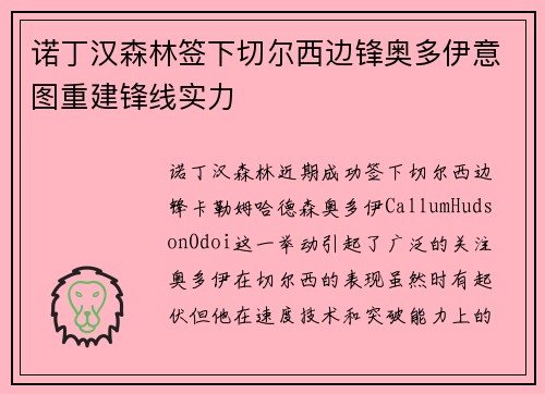 诺丁汉森林签下切尔西边锋奥多伊意图重建锋线实力