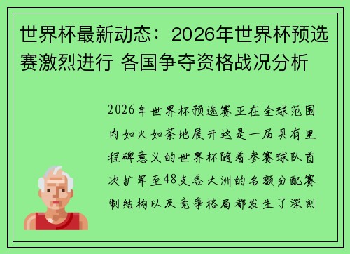 世界杯最新动态：2026年世界杯预选赛激烈进行 各国争夺资格战况分析